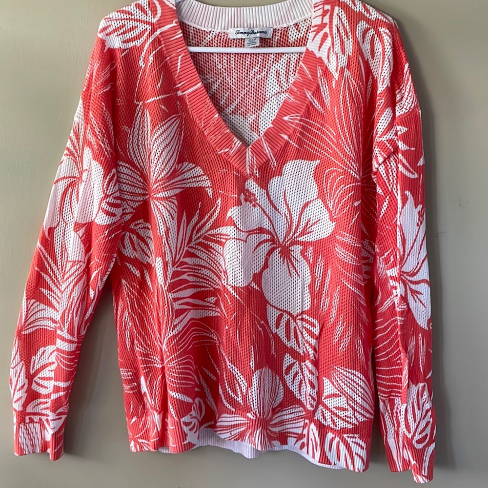 Tropical coral/white print open weave  lightweight sweater